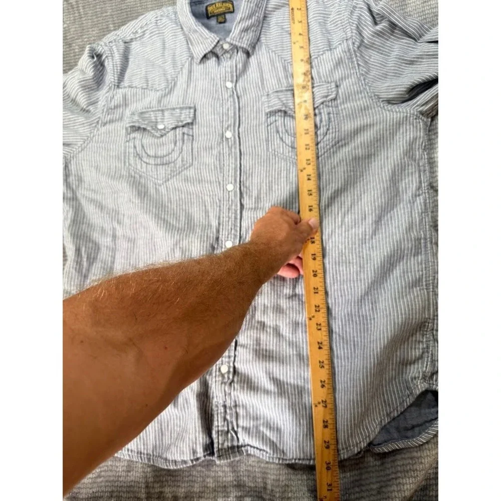 True Religion Mens Striped Western Snap Front Shirt Blue White 2XL Horseshoe